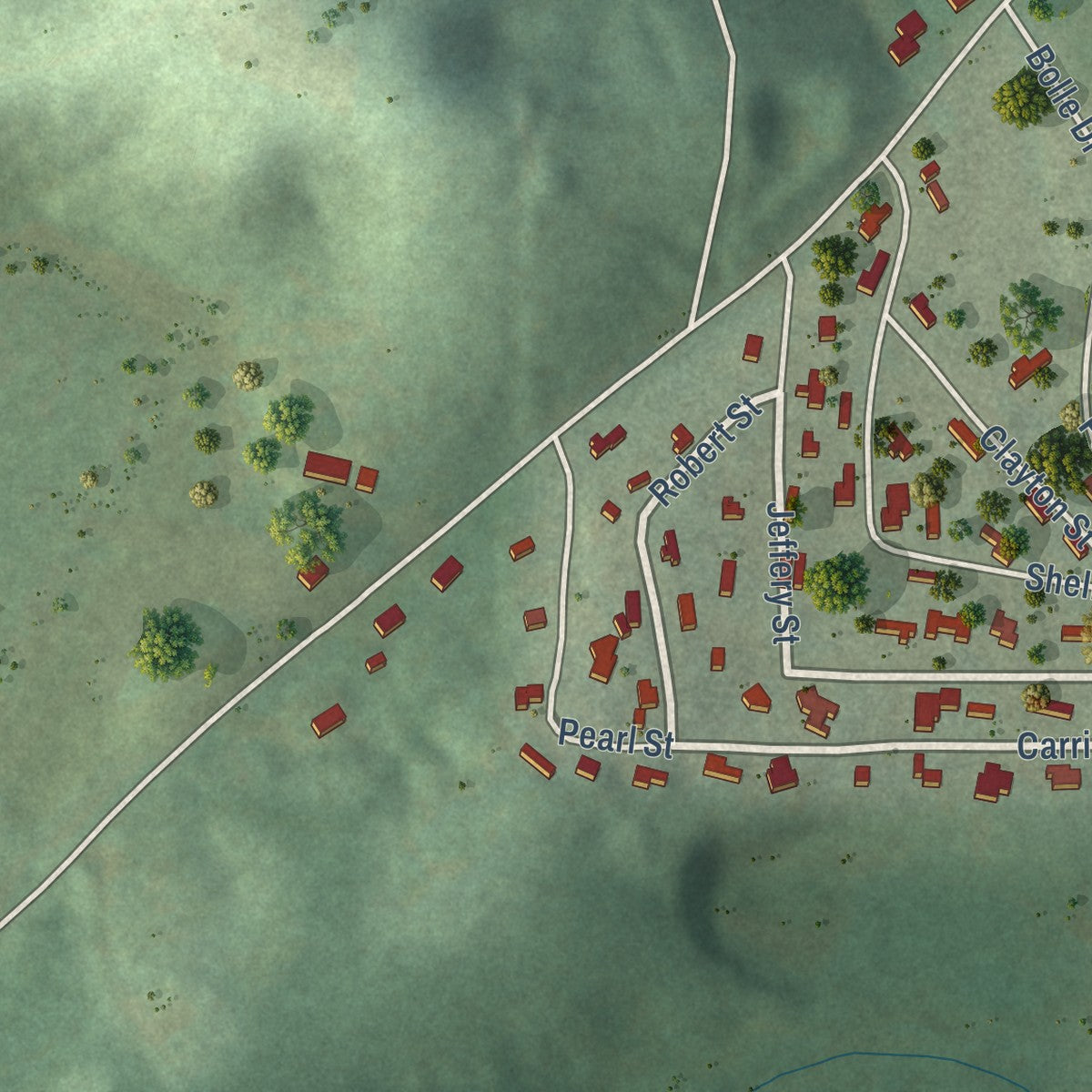Second close-up of the map of Allgood, Alabama print showing more streets and buildings