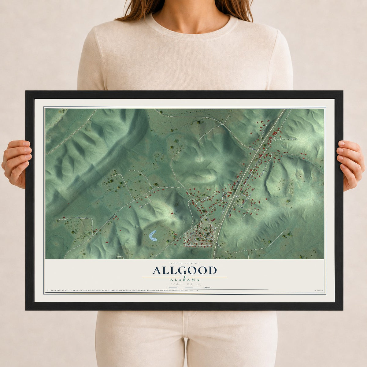 Map of Allgood, Alabama, 12 x 18 inch print in a black wood frame
