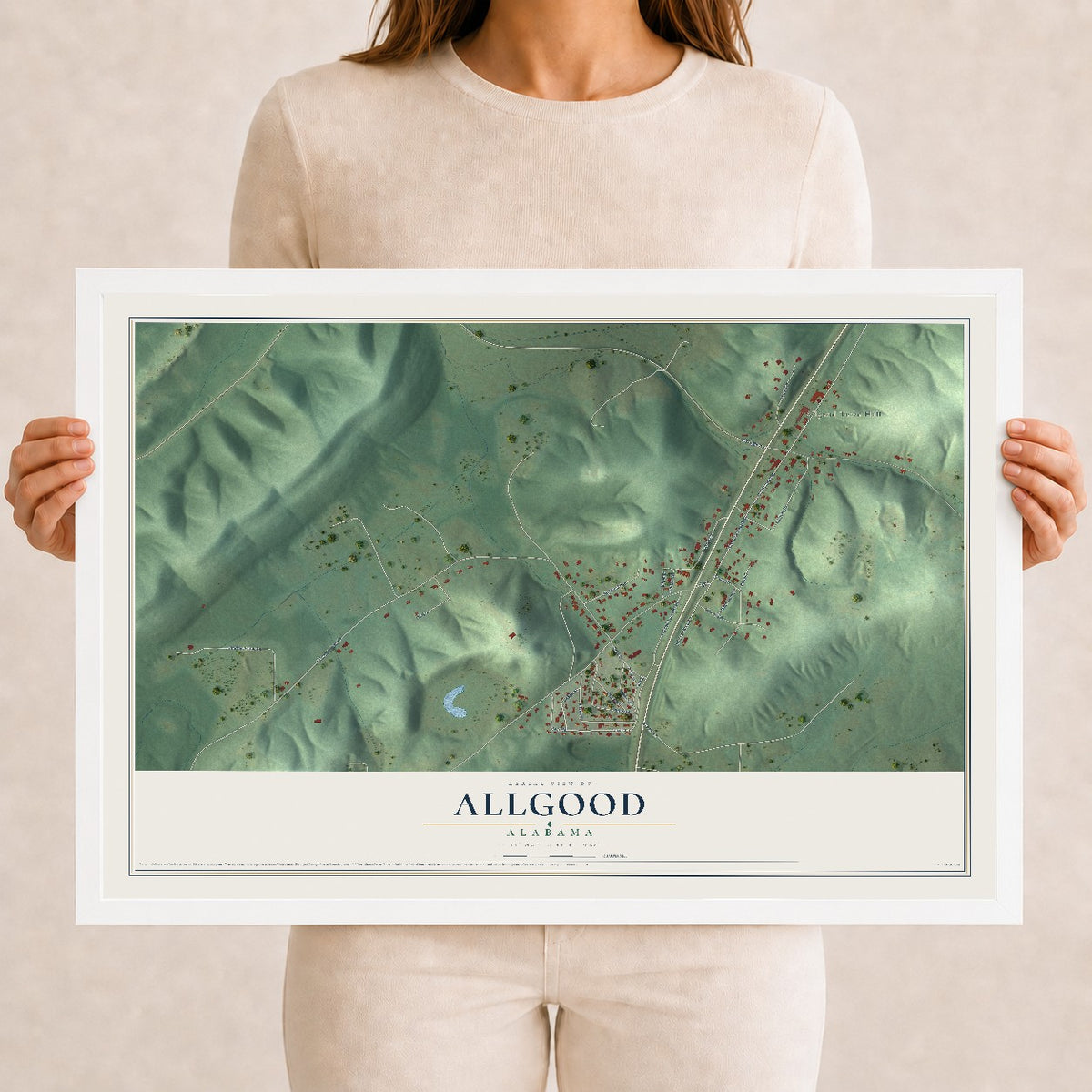 Map of Allgood, Alabama, 12 x 18 inch print in a white wood frame