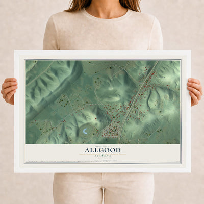 Map of Allgood, Alabama, 12 x 18 inch print in a white wood frame