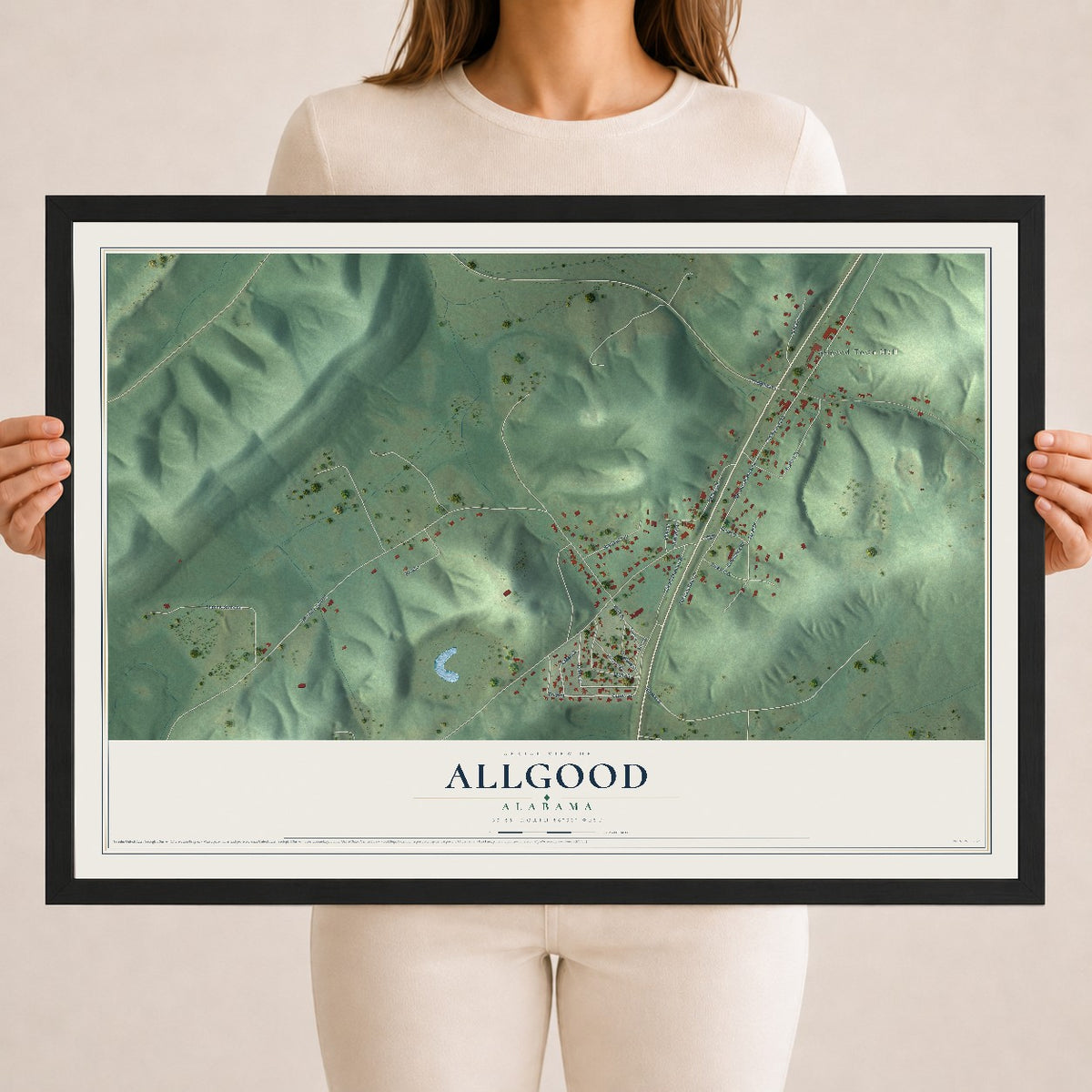 Map of Allgood, Alabama, 18 x 24 inch print in a black wood frame