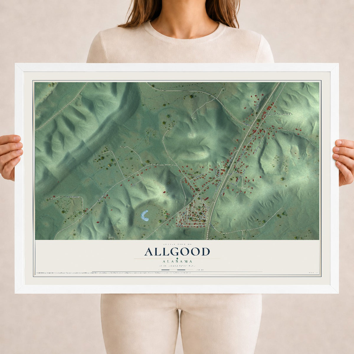 Map of Allgood, Alabama, 18 x 24 inch print in a white wood frame