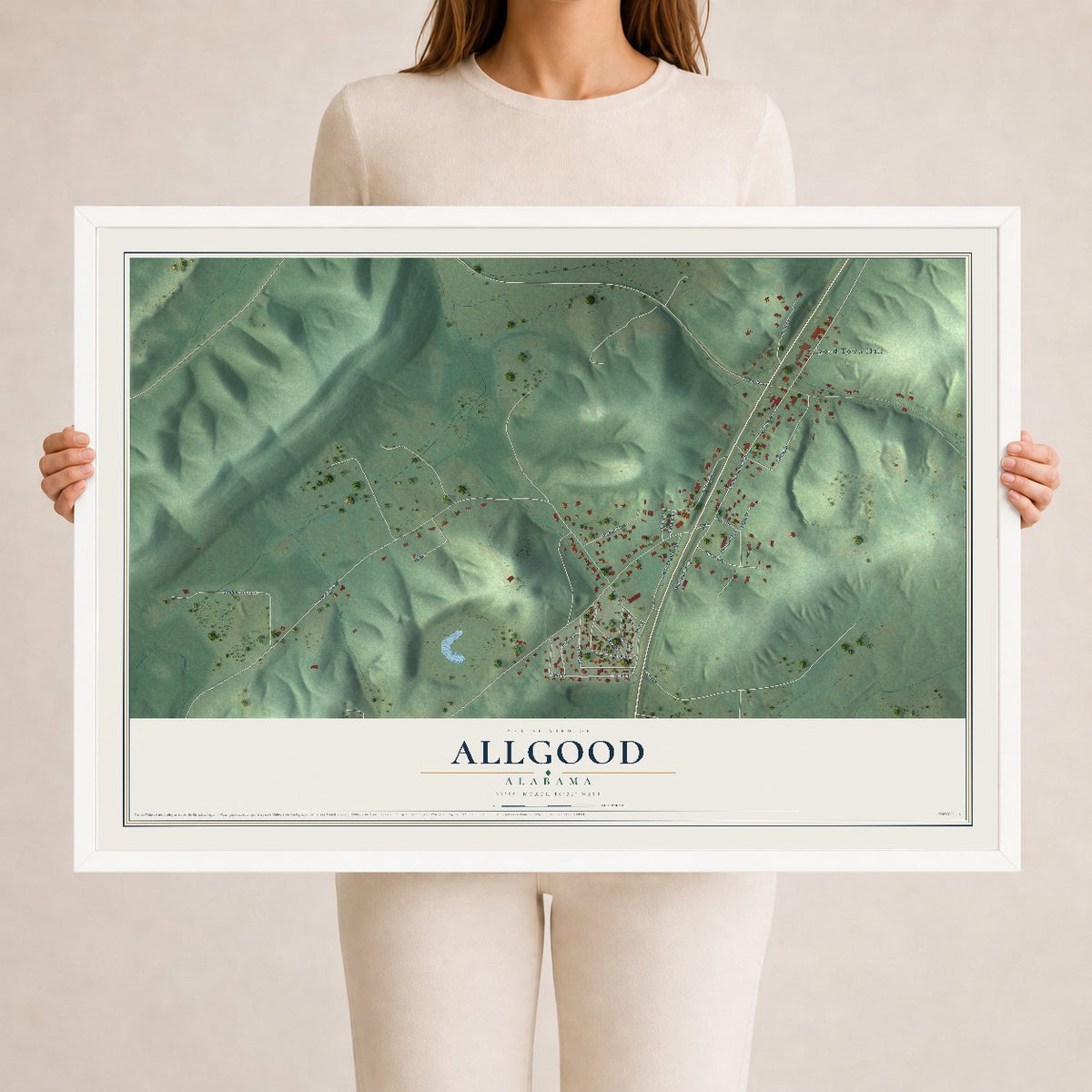 Map of Allgood, Alabama, 24 x 36 inch print in a white wood frame