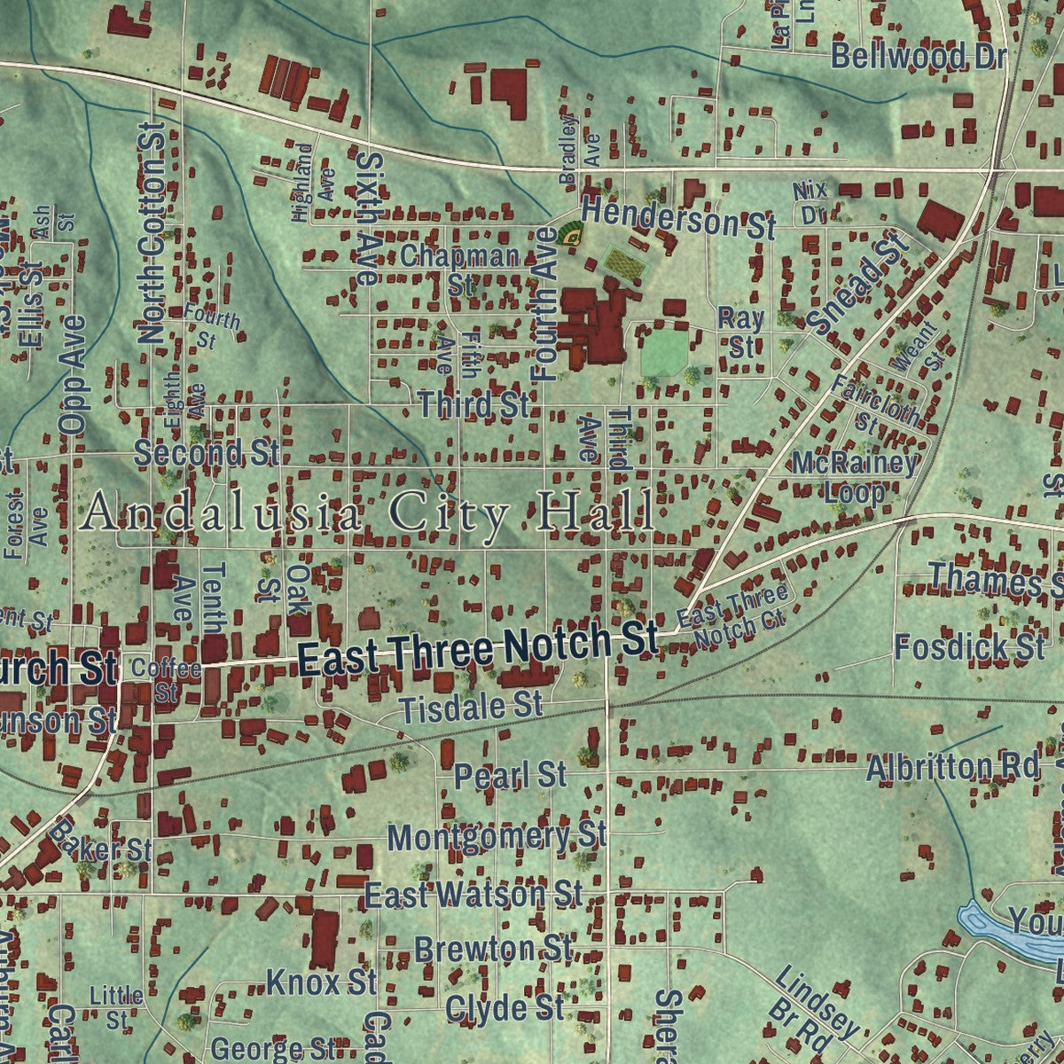 Close-up of the map of Andalusia, Alabama print showing street and building detail