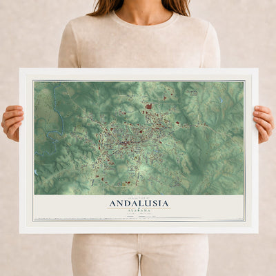 Map of Andalusia, Alabama, 12 x 18 inch print in a white wood frame