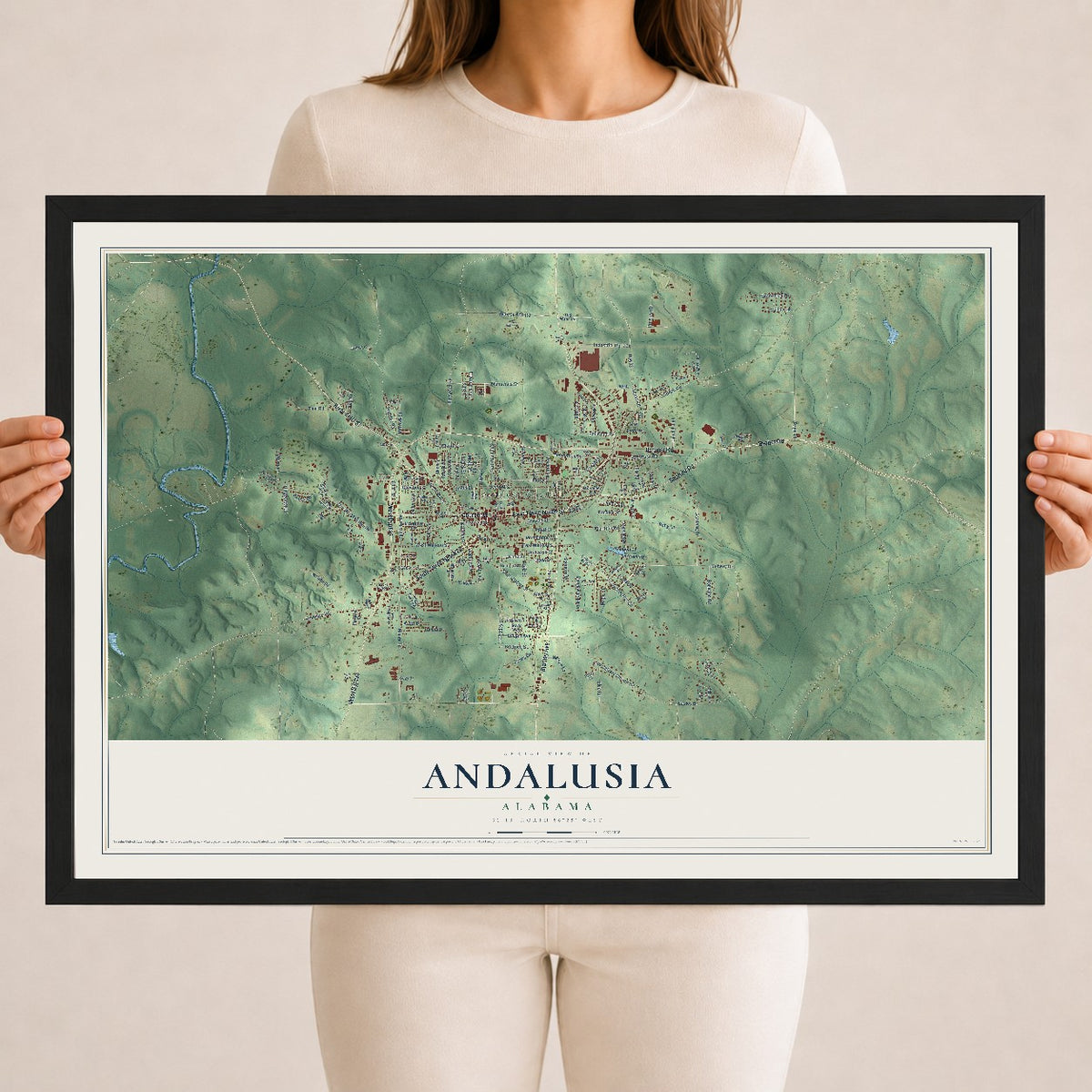 Map of Andalusia, Alabama, 18 x 24 inch print in a black wood frame