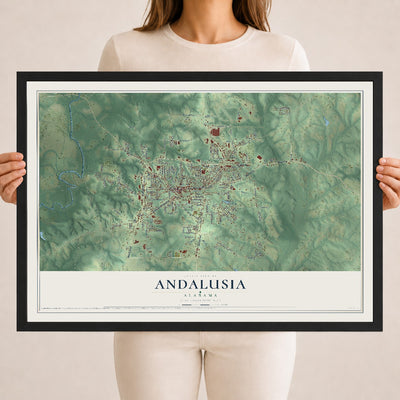 Map of Andalusia, Alabama, 18 x 24 inch print in a black wood frame