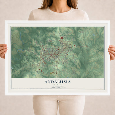 Map of Andalusia, Alabama, 18 x 24 inch print in a white wood frame