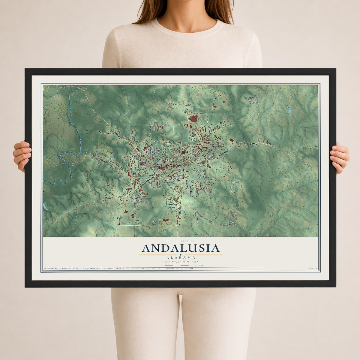 Map of Andalusia, Alabama, 24 x 36 inch print in a black wood frame