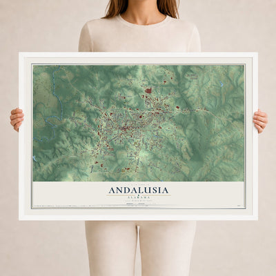 Map of Andalusia, Alabama, 24 x 36 inch print in a white wood frame