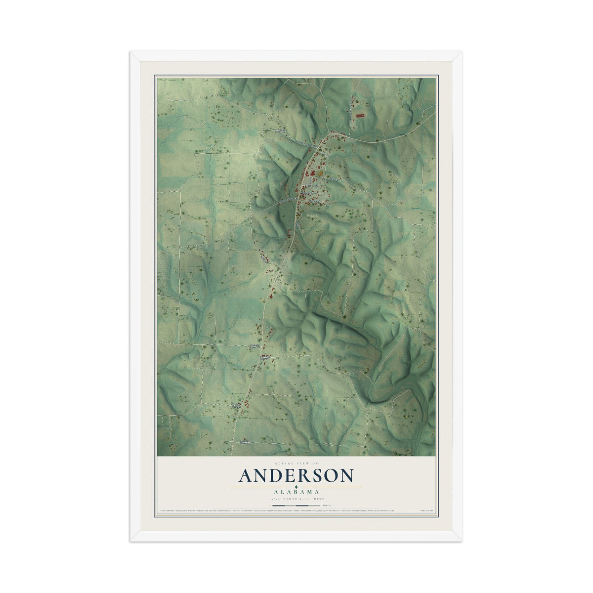 Map of Anderson, Alabama, 12 x 18 inch print in a white wood frame