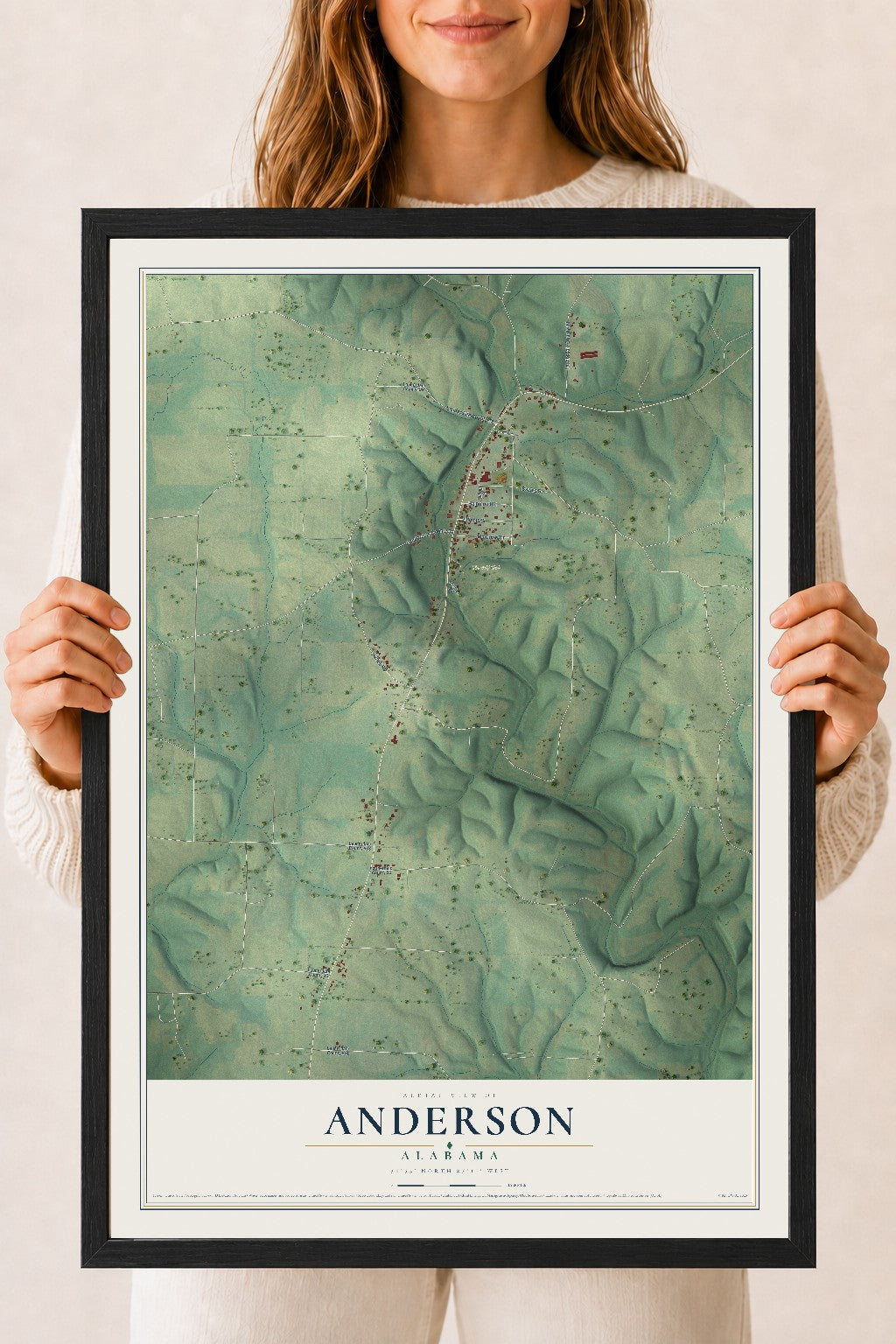 Map of Anderson, Alabama, 18 x 24 inch print in a black wood frame