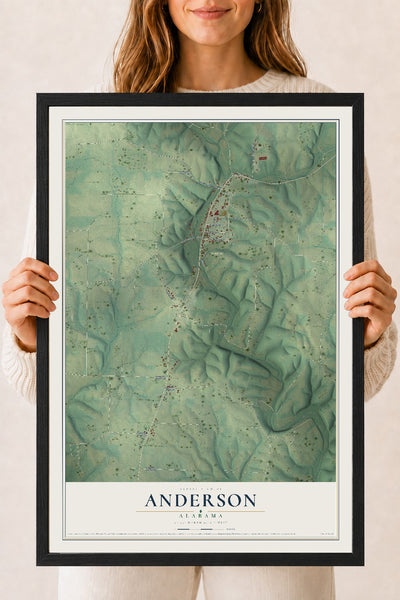 Map of Anderson, Alabama, 18 x 24 inch print in a black wood frame