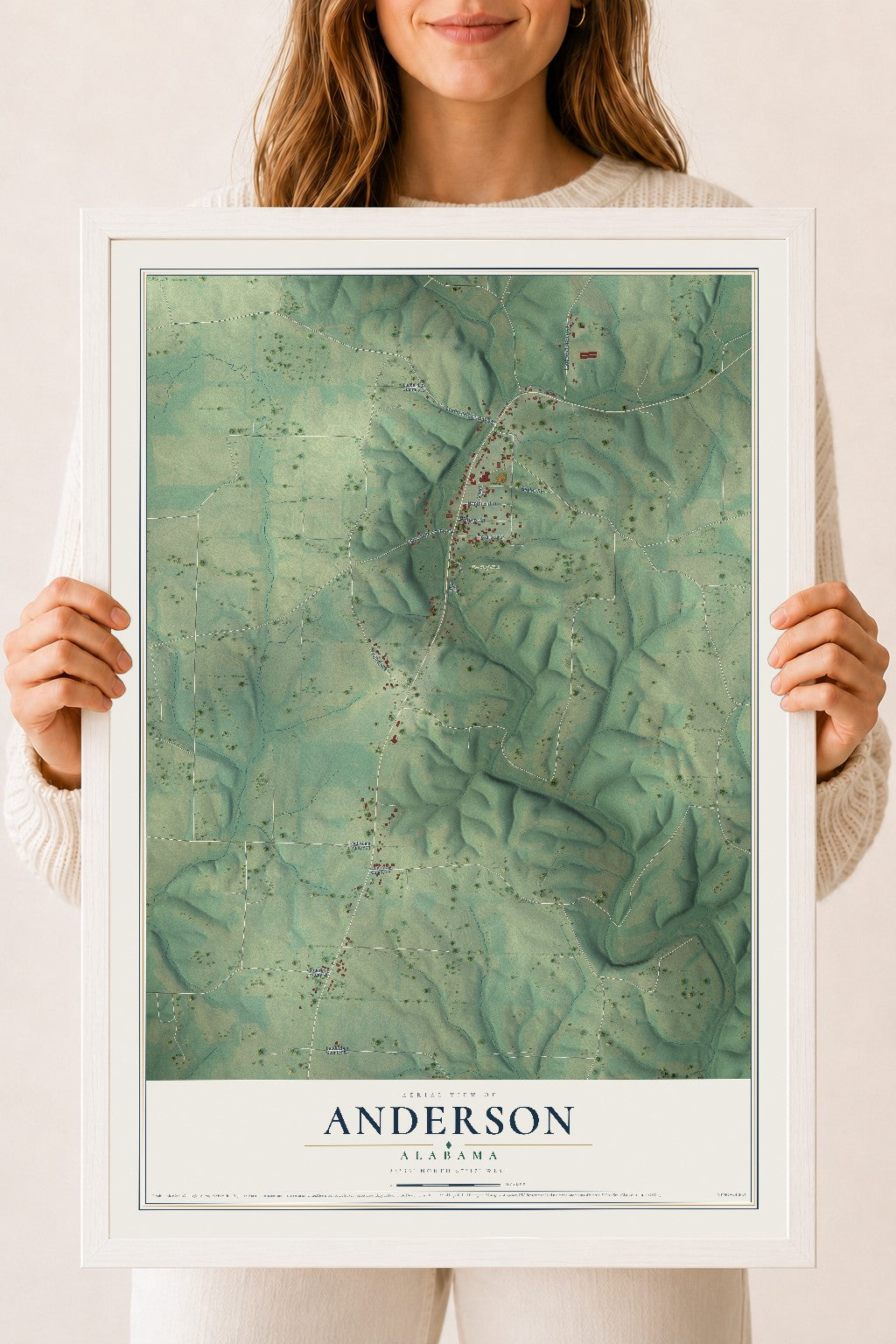 Map of Anderson, Alabama, 18 x 24 inch print in a white wood frame