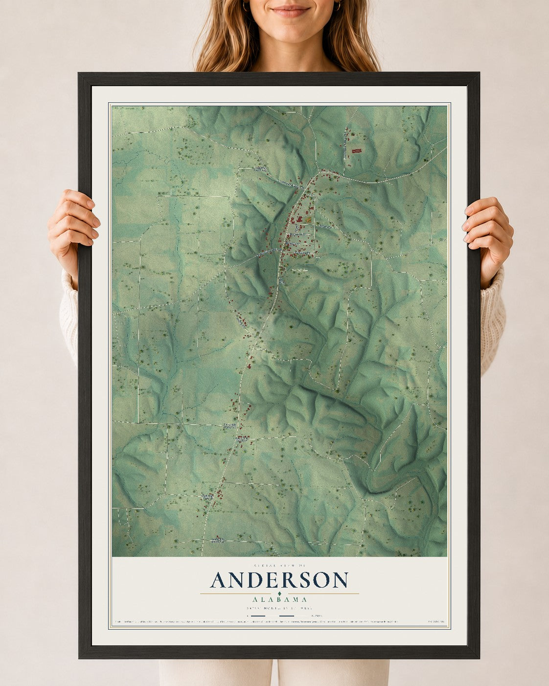 Map of Anderson, Alabama, 24 x 36 inch print in a black wood frame