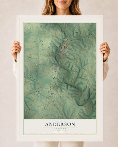Map of Anderson, Alabama, 24 x 36 inch print in a white wood frame