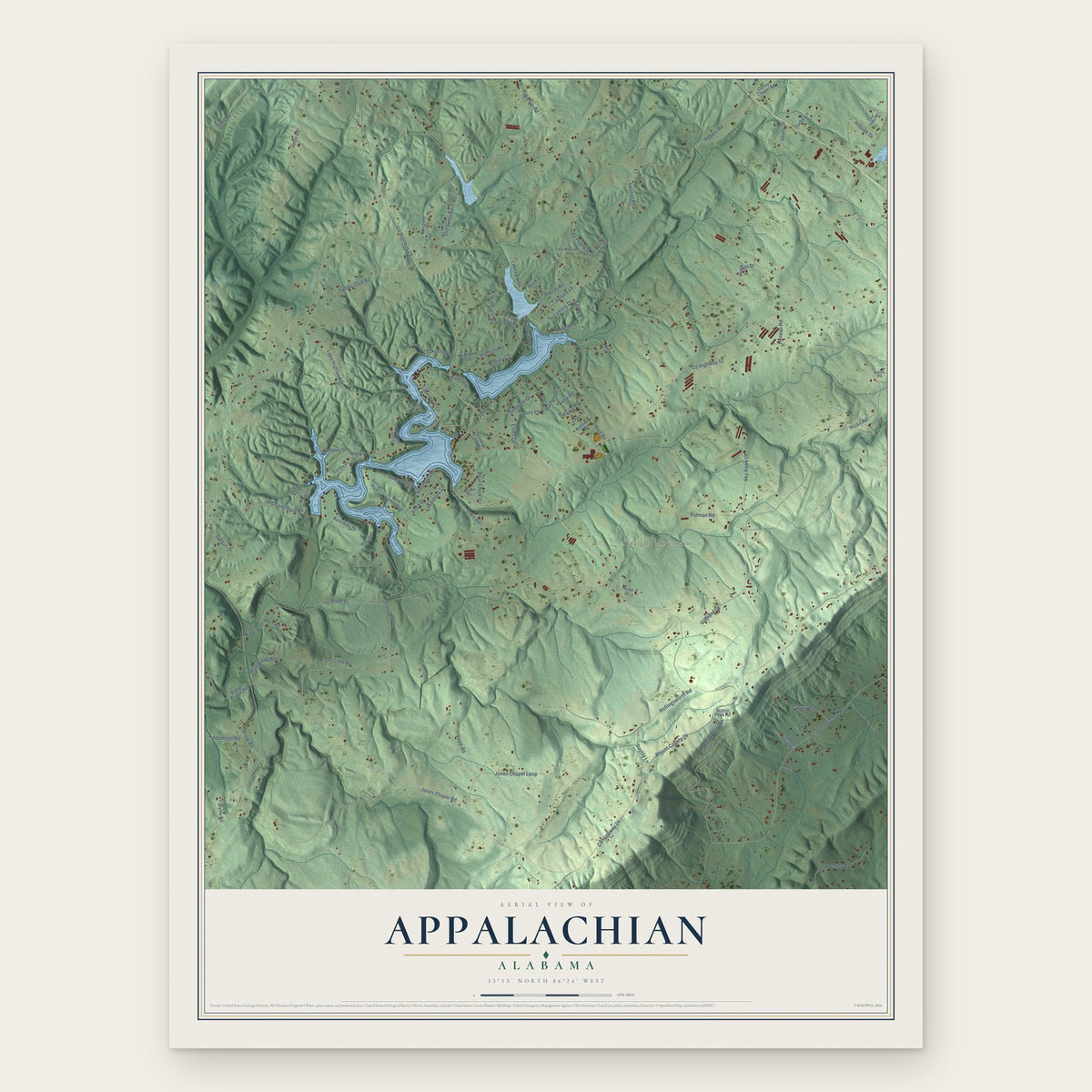 Appalachian, Alabama map print, the full design