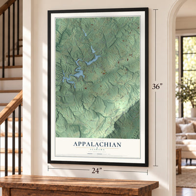 Appalachian, Alabama map, 24 x 36 inch print in a black frame by a staircase