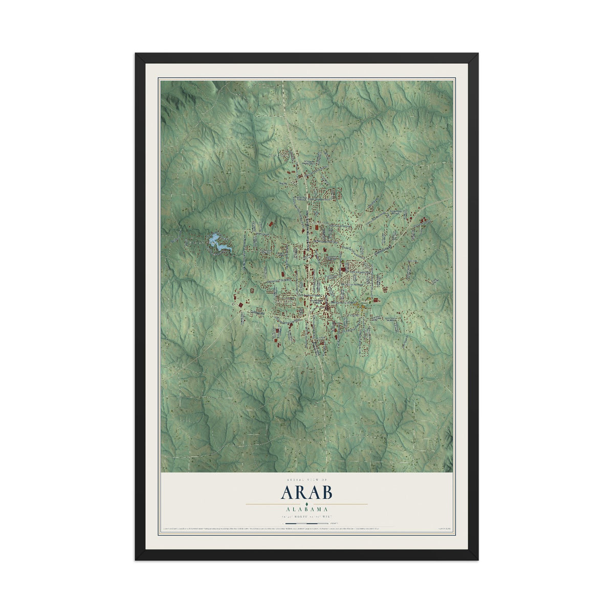 Map of Arab, Alabama, 12 x 18 inch print in a black wood frame