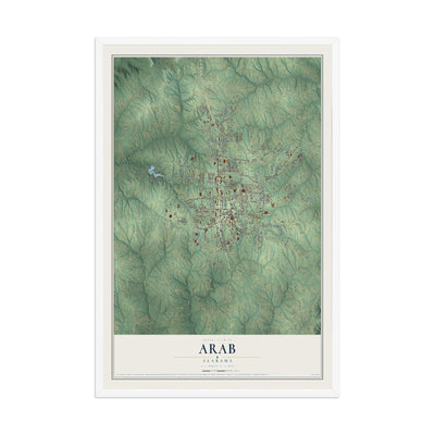 Map of Arab, Alabama, 12 x 18 inch print in a white wood frame