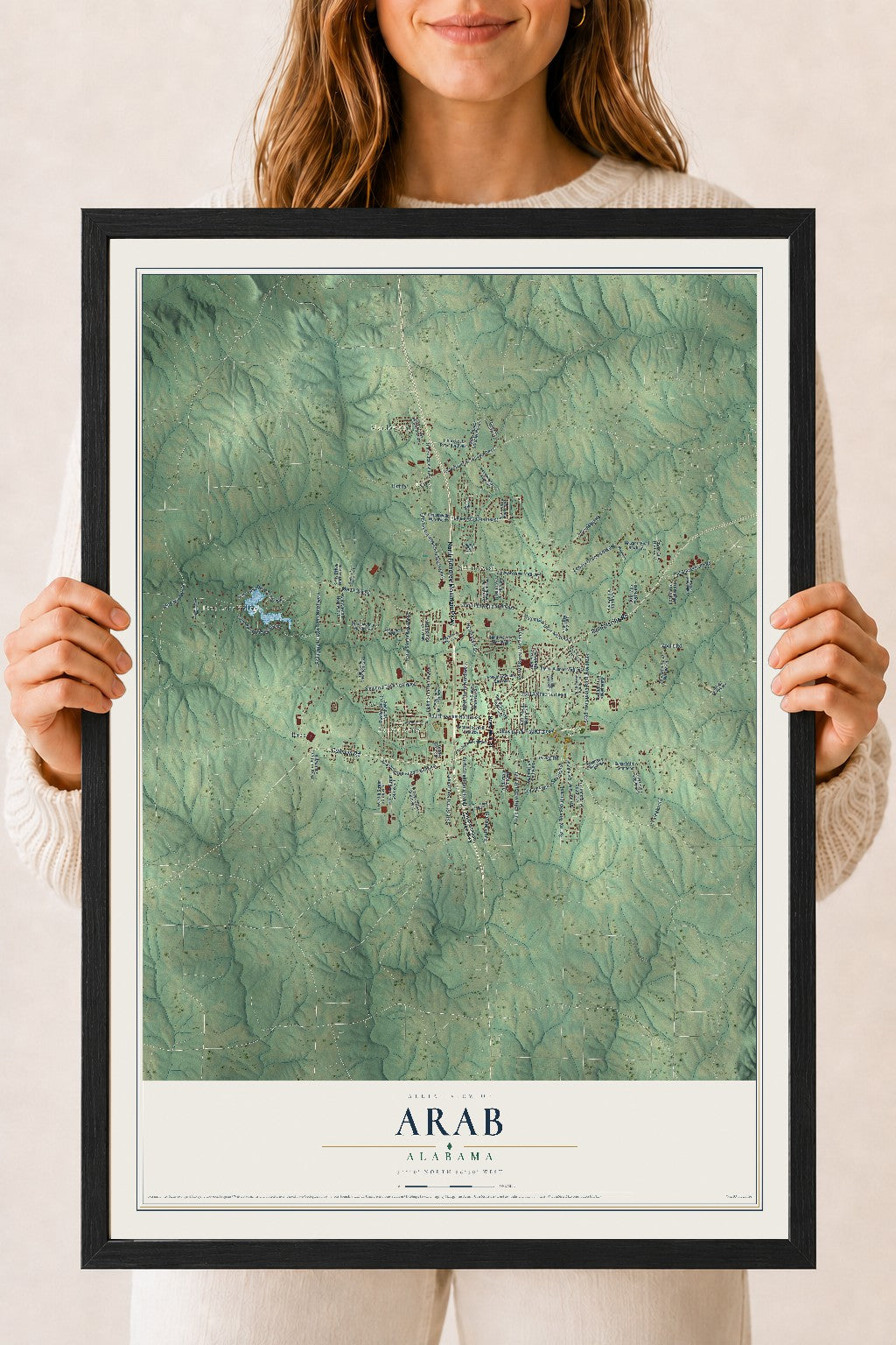 Map of Arab, Alabama, 18 x 24 inch print in a black wood frame