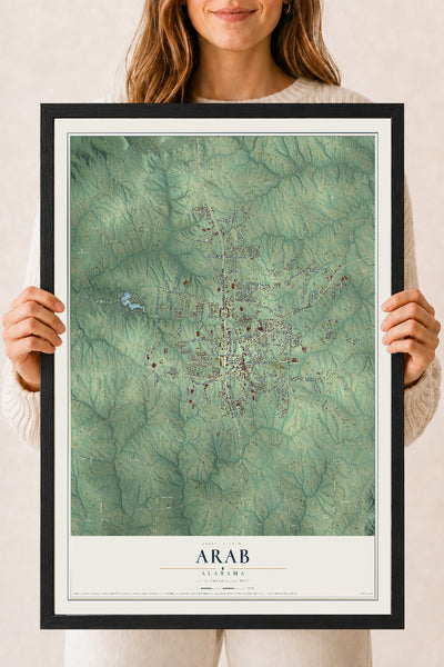 Map of Arab, Alabama, 18 x 24 inch print in a black wood frame