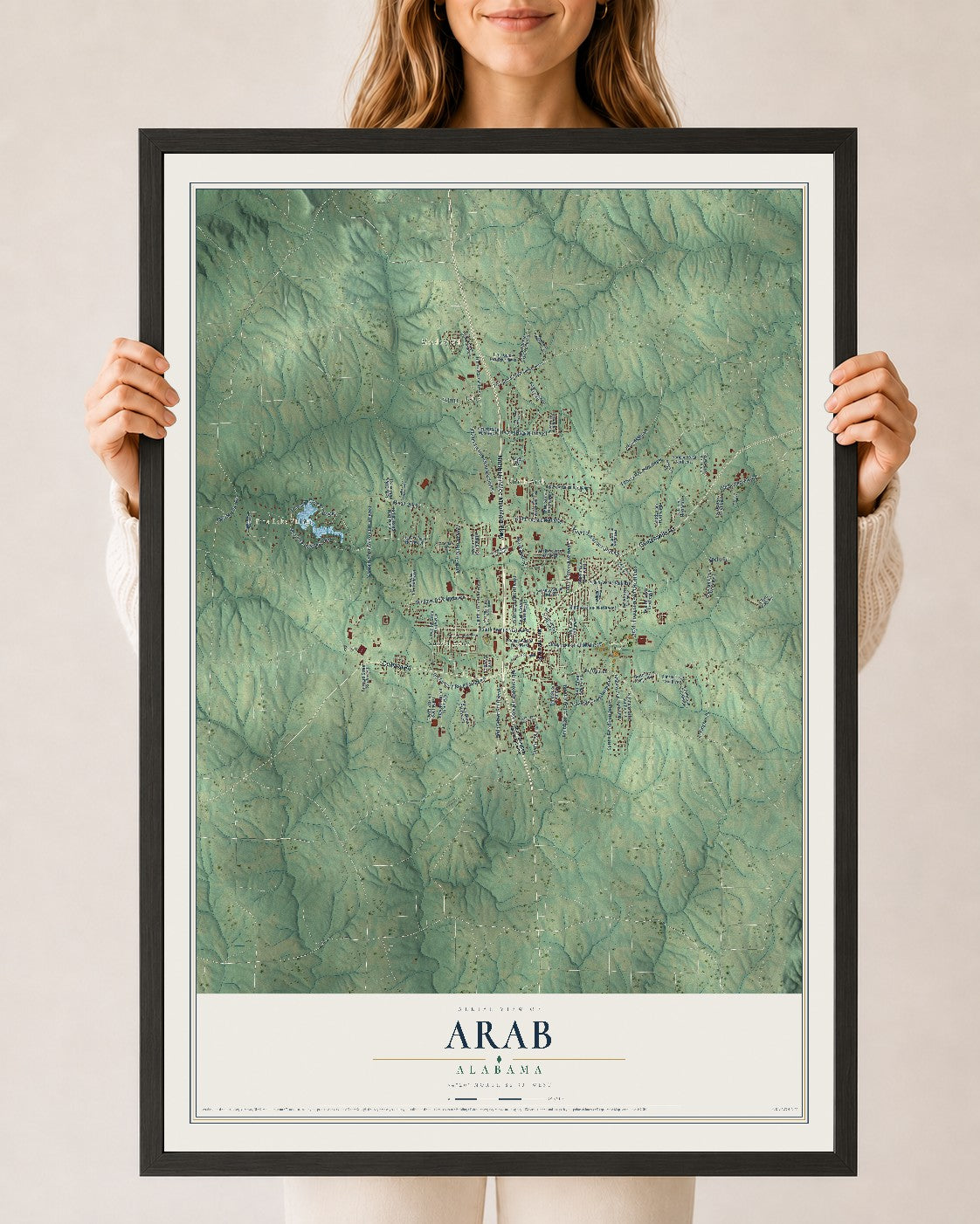 Map of Arab, Alabama, 24 x 36 inch print in a black wood frame