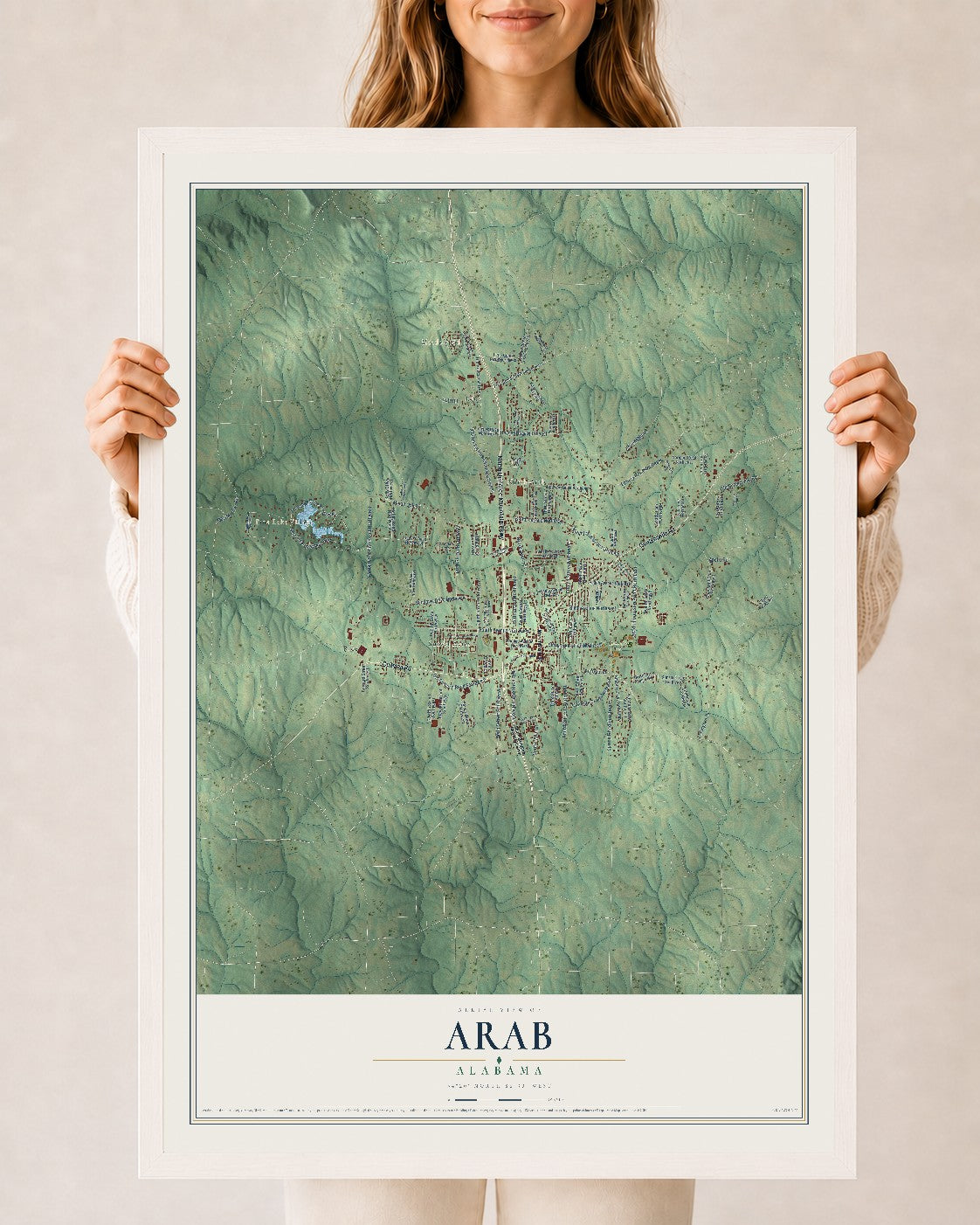 Map of Arab, Alabama, 24 x 36 inch print in a white wood frame