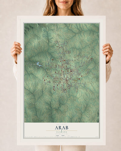 Map of Arab, Alabama, 24 x 36 inch print in a white wood frame