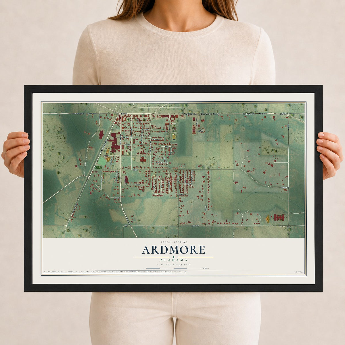 Map of Ardmore, Alabama, 12 x 18 inch print in a black wood frame