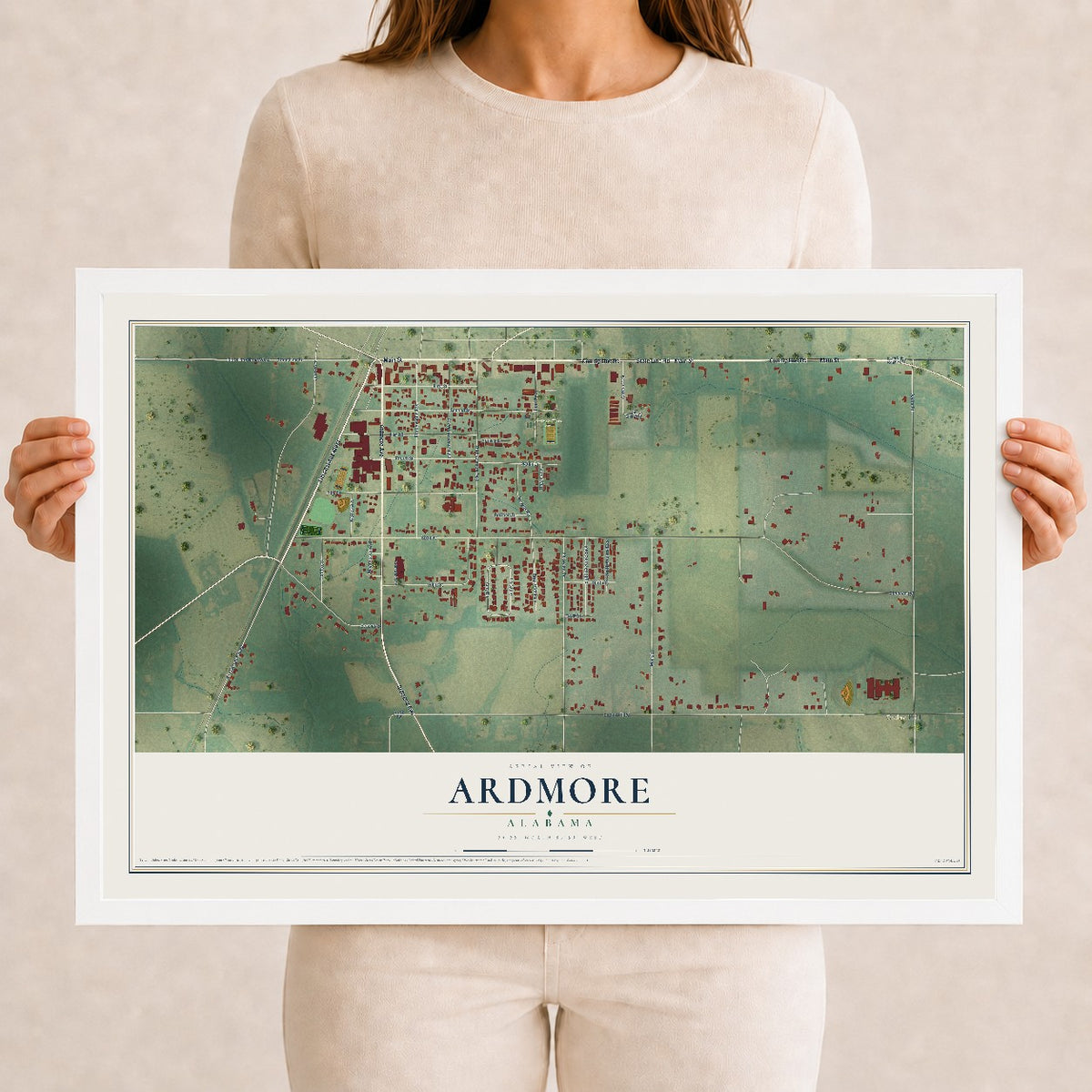 Map of Ardmore, Alabama, 12 x 18 inch print in a white wood frame