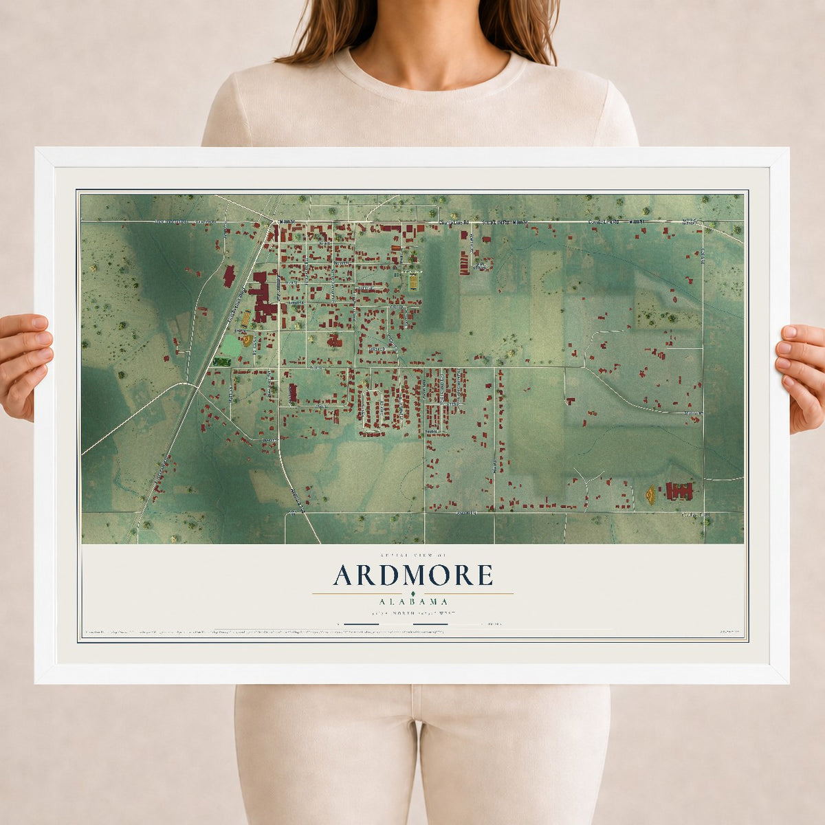 Map of Ardmore, Alabama, 18 x 24 inch print in a white wood frame