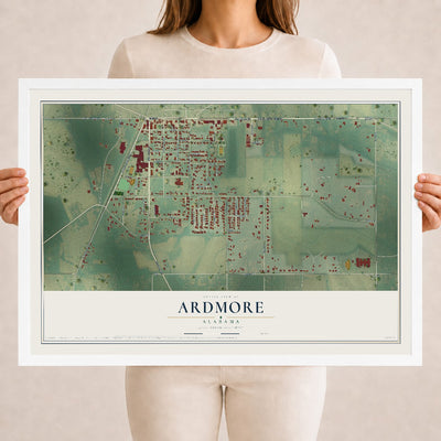 Map of Ardmore, Alabama, 18 x 24 inch print in a white wood frame