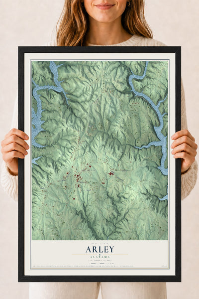 Map of Arley, Alabama, 18 x 24 inch print in a black wood frame