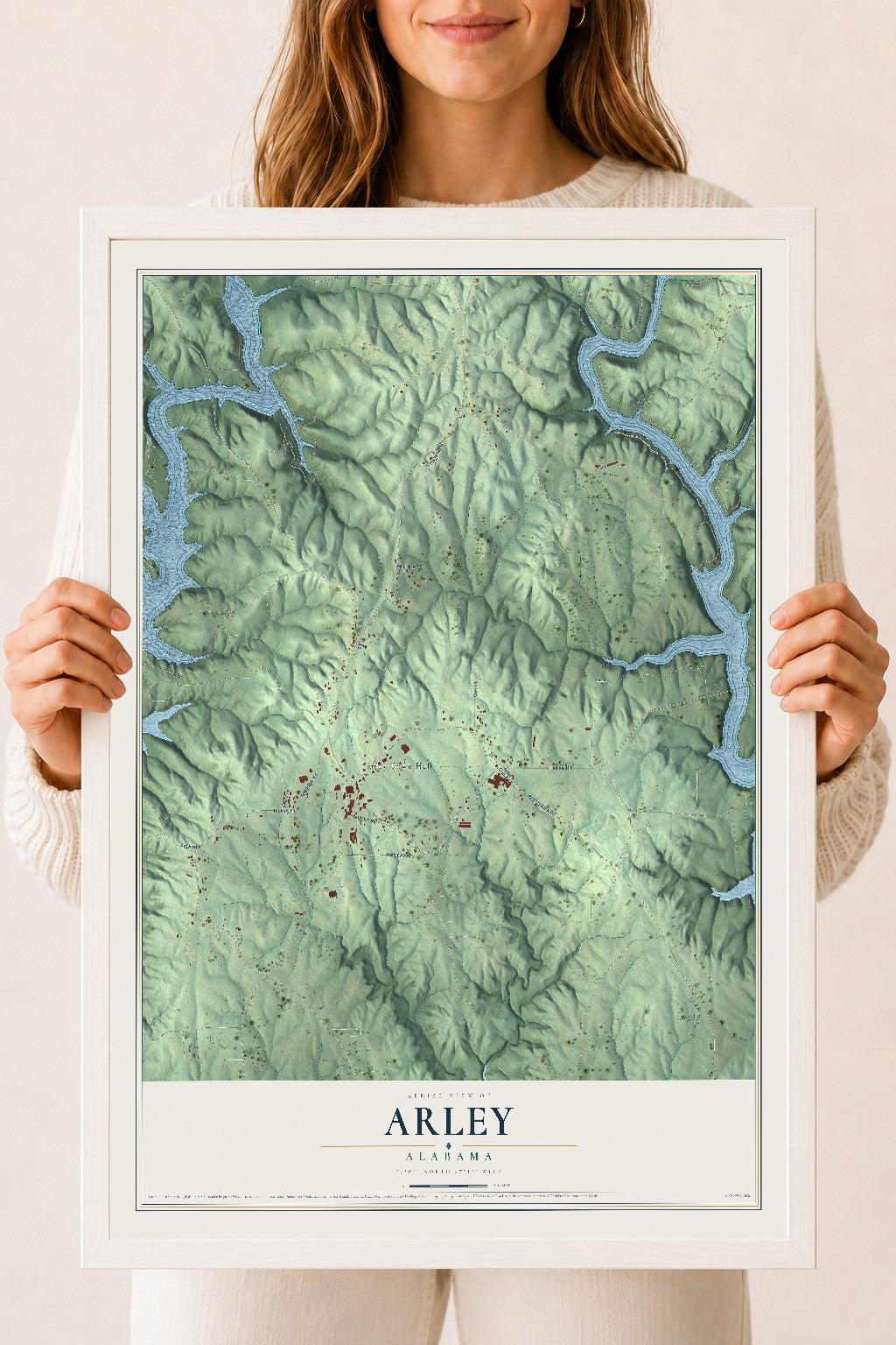 Map of Arley, Alabama, 18 x 24 inch print in a white wood frame