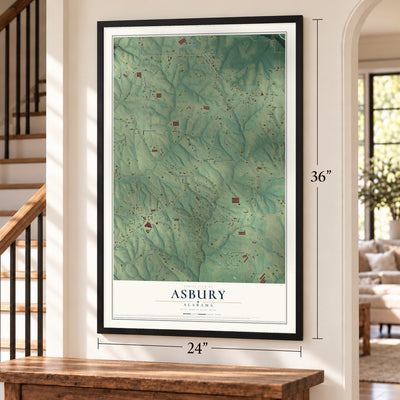 Asbury, Alabama map, 24 x 36 inch print in a black frame by a staircase