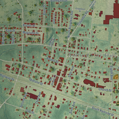 Close-up of the map of Ashford, Alabama print showing street and building detail