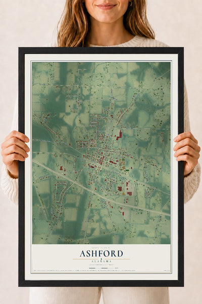 Map of Ashford, Alabama, 18 x 24 inch print in a black wood frame