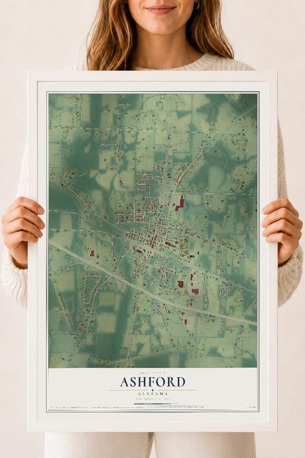 Map of Ashford, Alabama, 18 x 24 inch print in a white wood frame