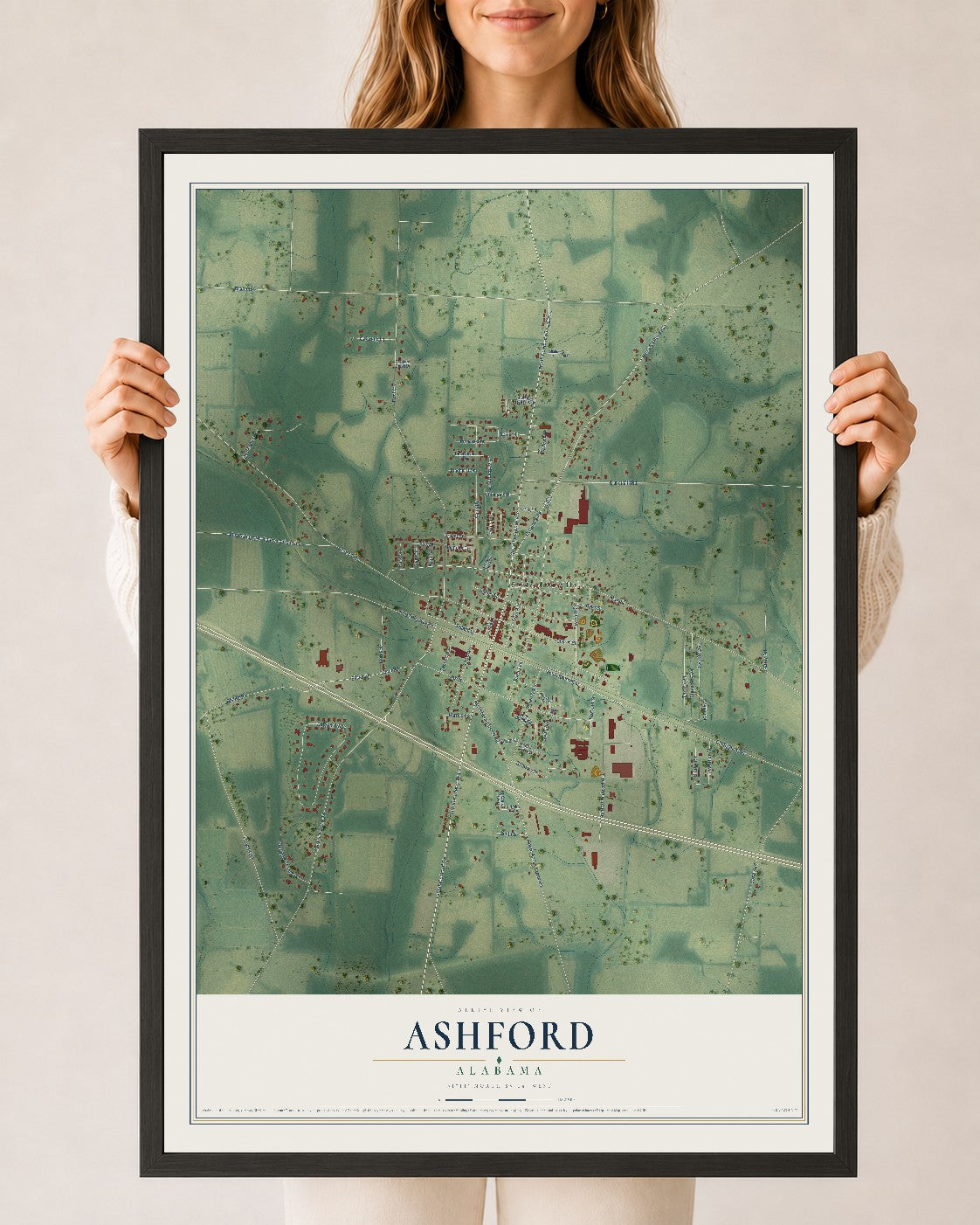 Map of Ashford, Alabama, 24 x 36 inch print in a black wood frame