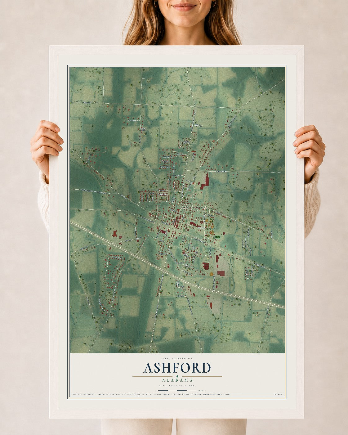 Map of Ashford, Alabama, 24 x 36 inch print in a white wood frame