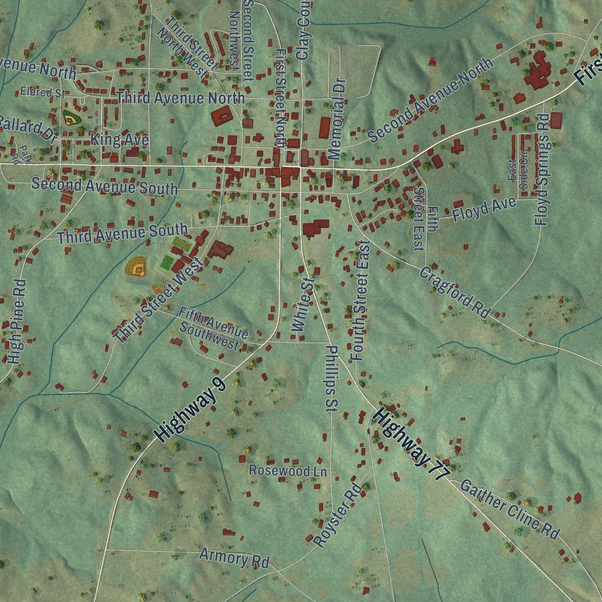 Close-up of the map of Ashland, Alabama print showing street and building detail