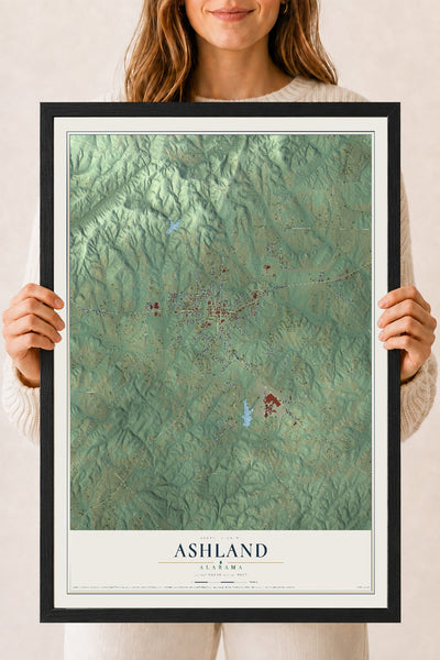 Map of Ashland, Alabama, 18 x 24 inch print in a black wood frame