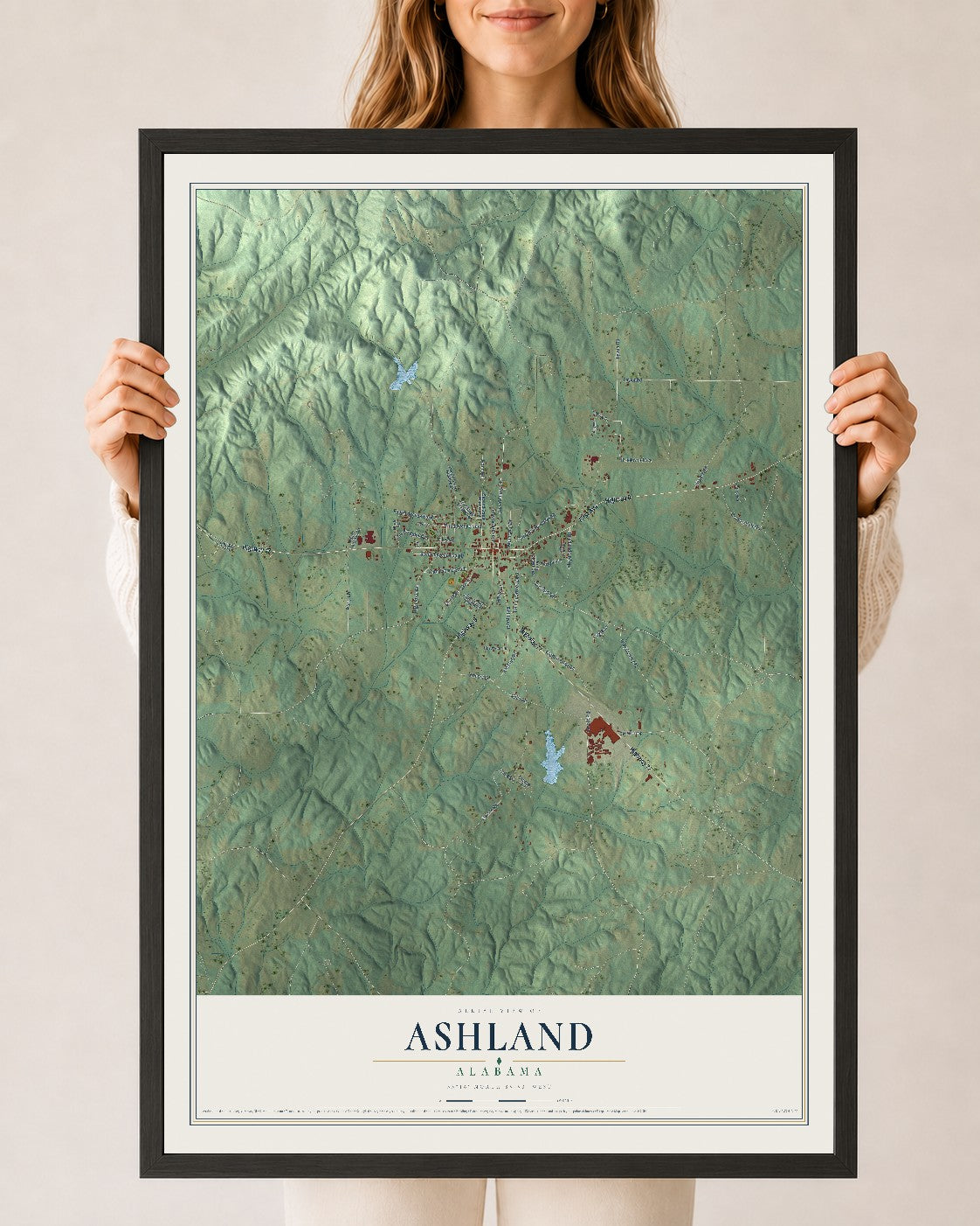 Map of Ashland, Alabama, 24 x 36 inch print in a black wood frame