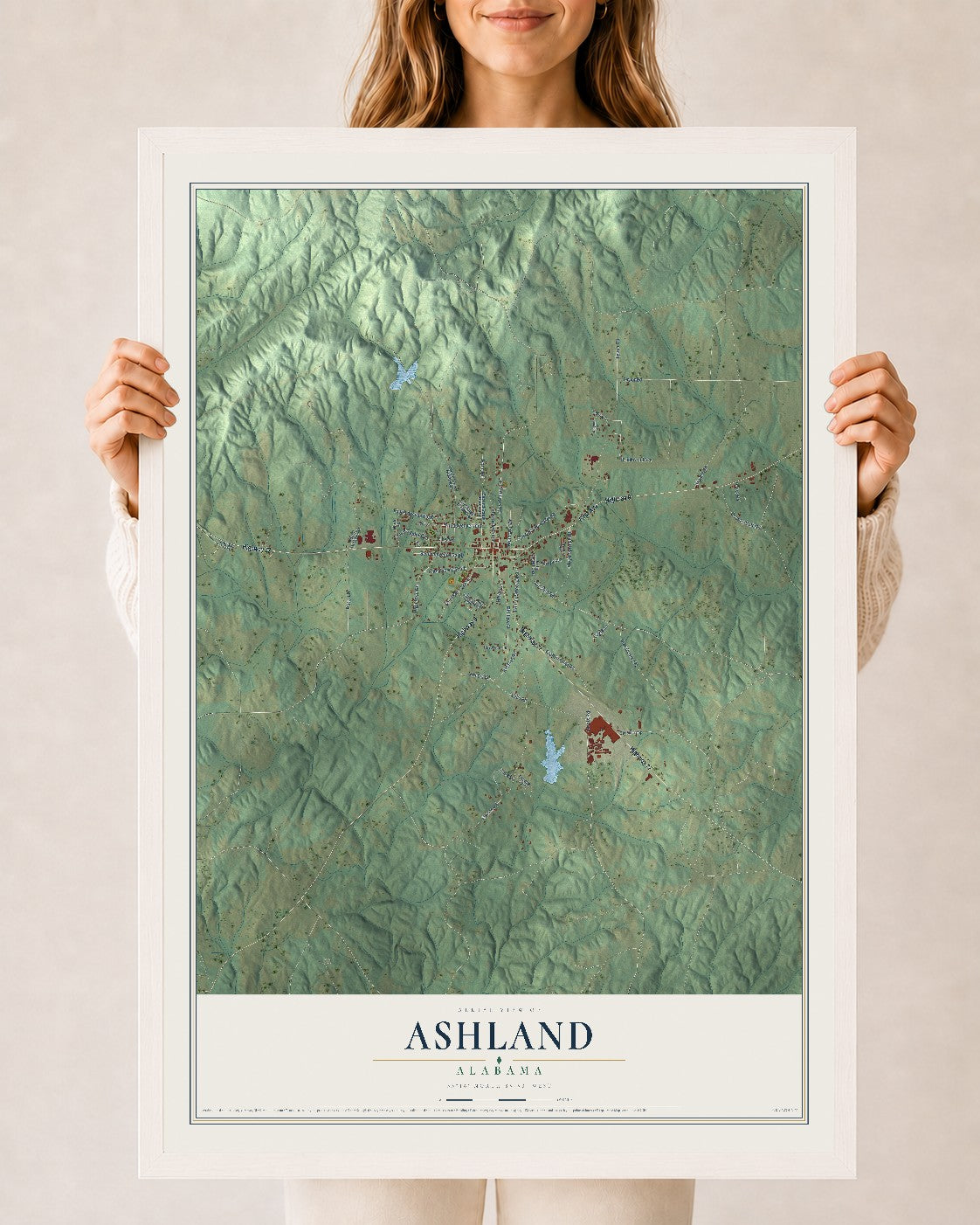Map of Ashland, Alabama, 24 x 36 inch print in a white wood frame