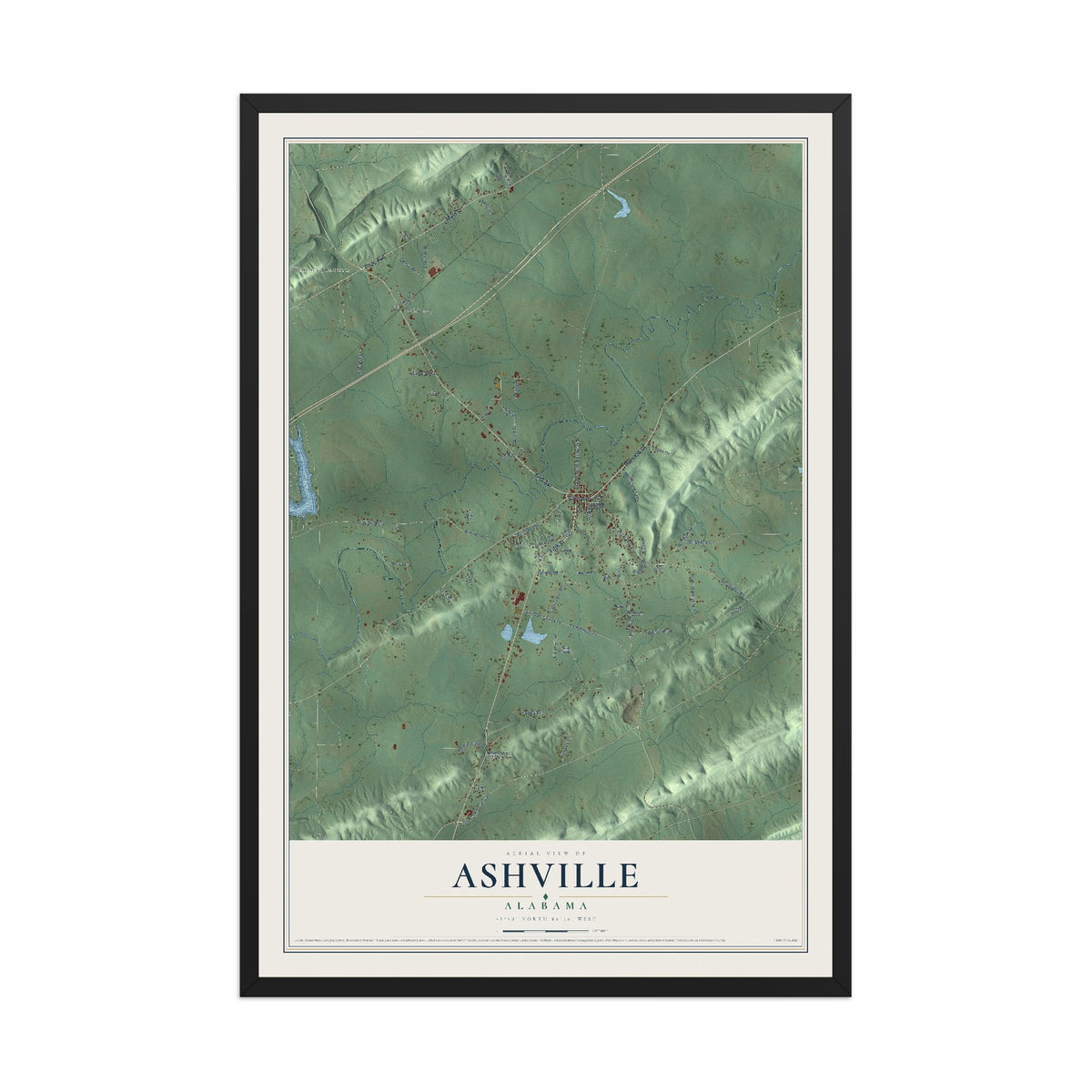 Map of Ashville, Alabama, 12 x 18 inch print in a black wood frame