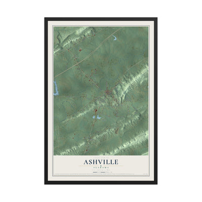 Map of Ashville, Alabama, 12 x 18 inch print in a black wood frame