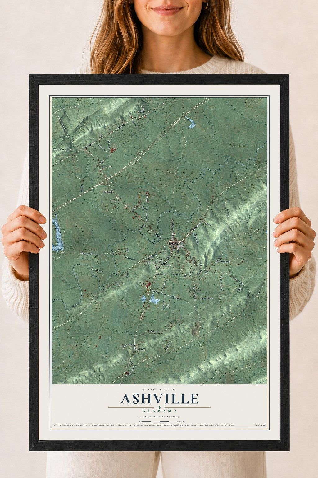 Map of Ashville, Alabama, 18 x 24 inch print in a black wood frame
