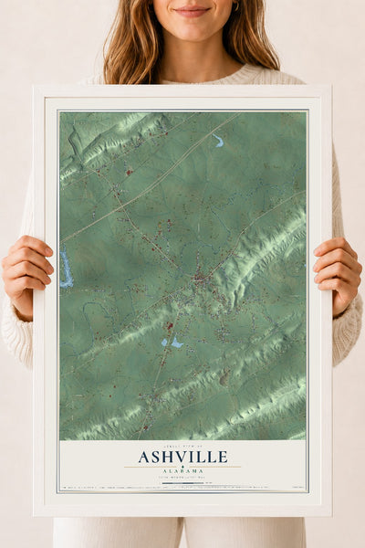 Map of Ashville, Alabama, 18 x 24 inch print in a white wood frame