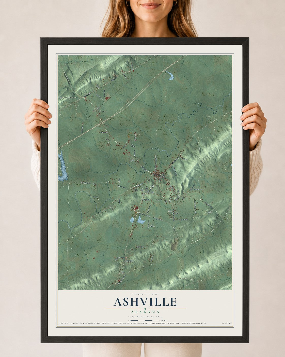 Map of Ashville, Alabama, 24 x 36 inch print in a black wood frame